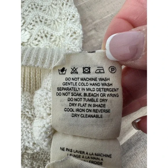 Anthropologie Kachel Shimmer Crochet Short Sleeve Sweater Size Small Offwhite - Picture 9 of 11